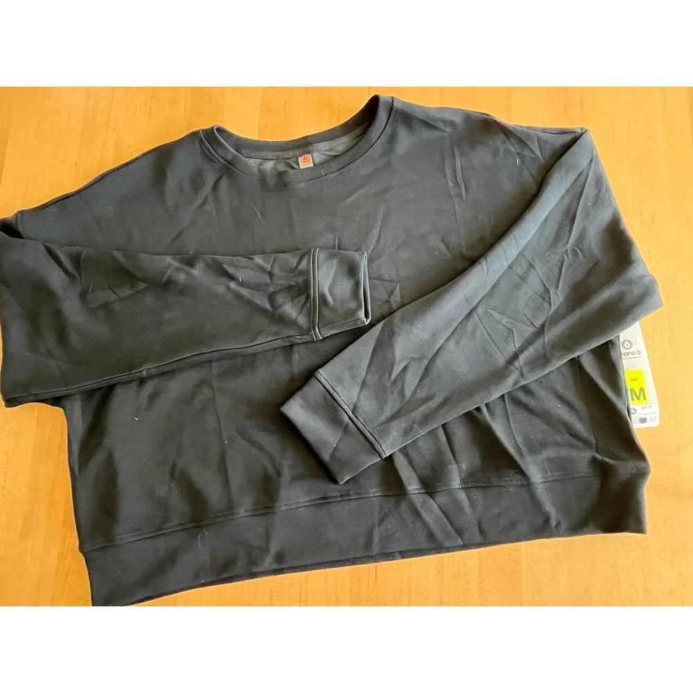 Mono B Womens Pullover Sweatshirt Sz L Large Black Cropped Long Sleeve Shirt NWT